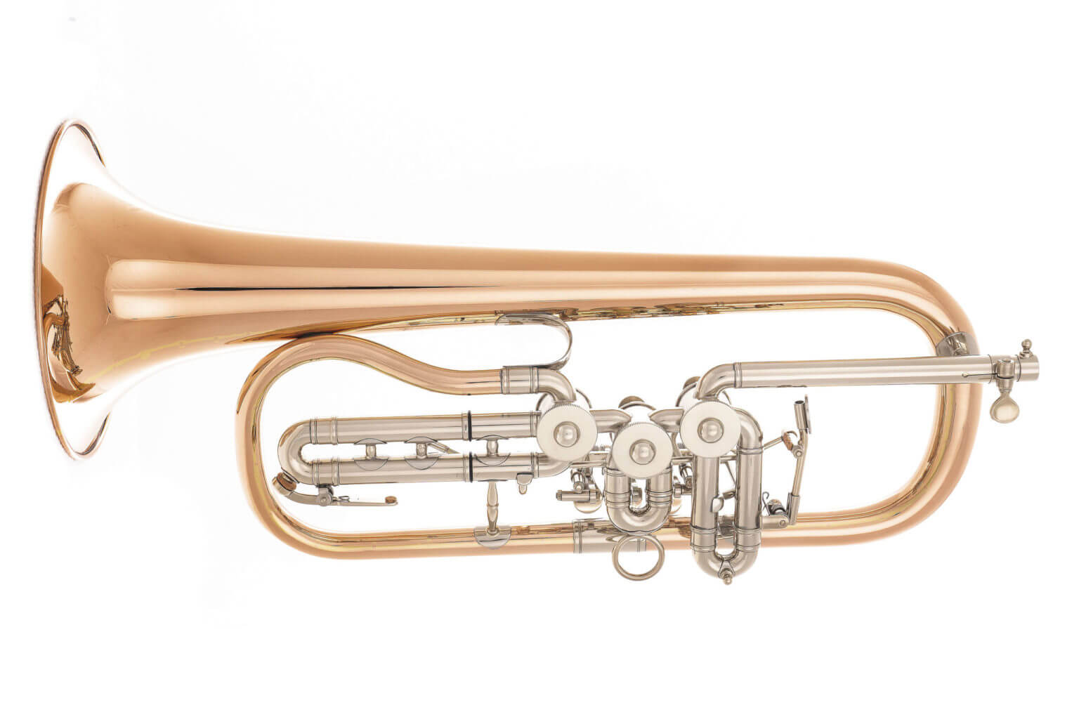 Flügelhorn aus Bronze mit asymmetrischer Maschine und Titanventilen, Zugbögen aus Neusilber
