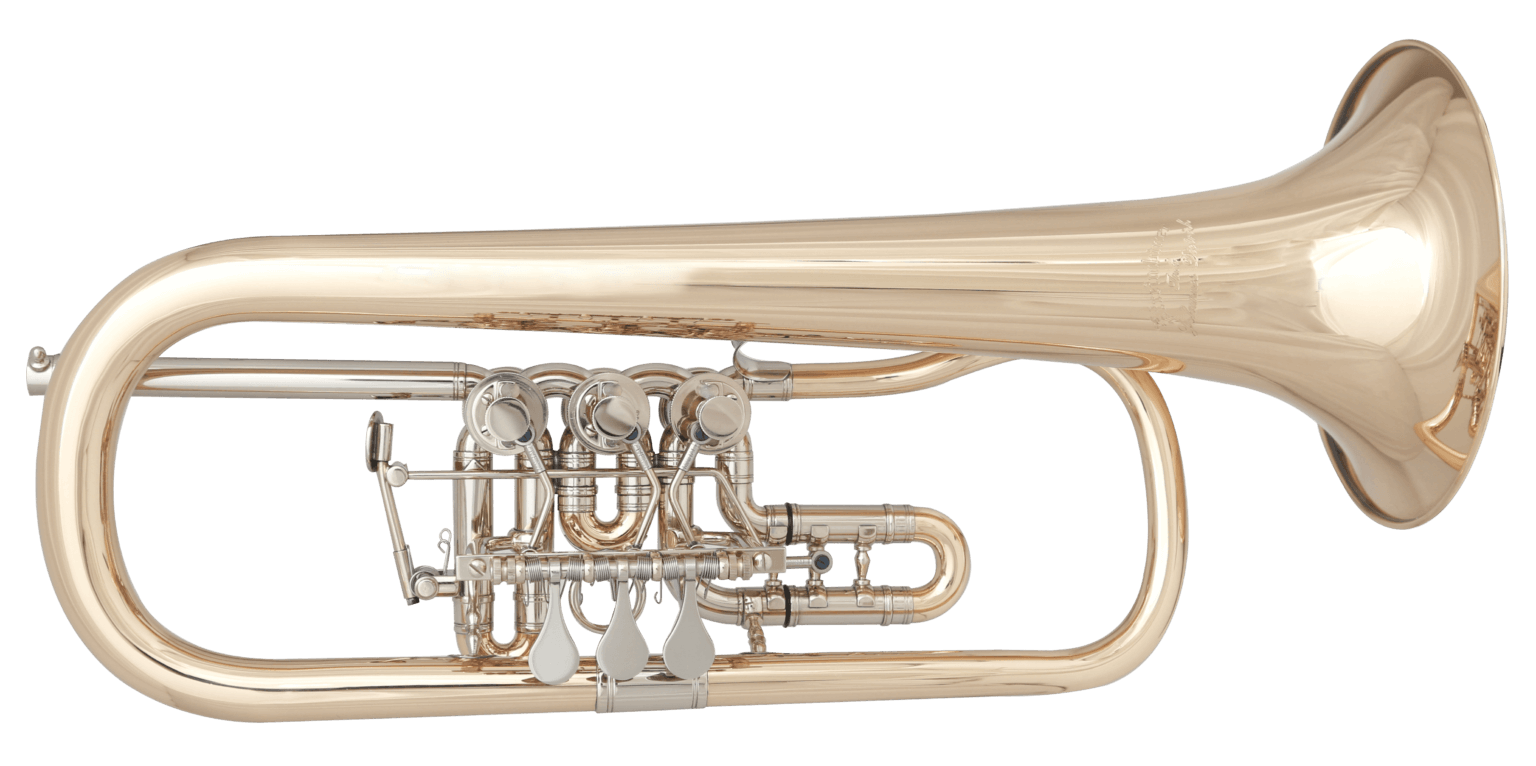 Flügelhorn gerade Bauweise "Tradition" aus Goldmessing mit Bronzeventilen und Centralschmiersystem
