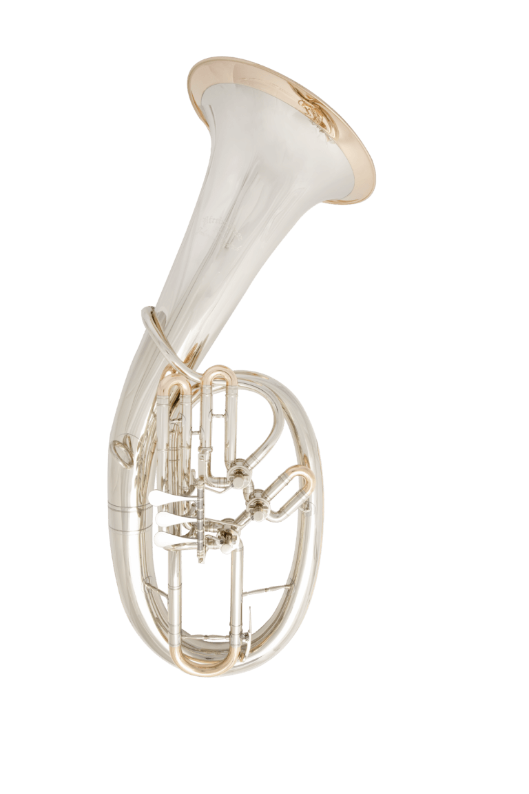 Bariton versetzte Bauweise "Fusion" aus Neusilber mit Goldmessingkranz und -kappe und Titanventilen, 3-ventilig