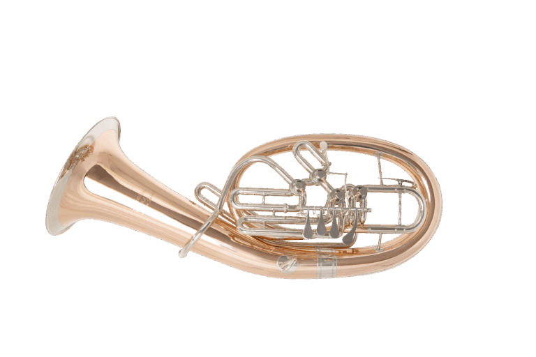 “Fusion” baritone offset design, 4th valve operable from both the left and right sides, made of bronze with a nickel silver ring and cap, and titanium valves