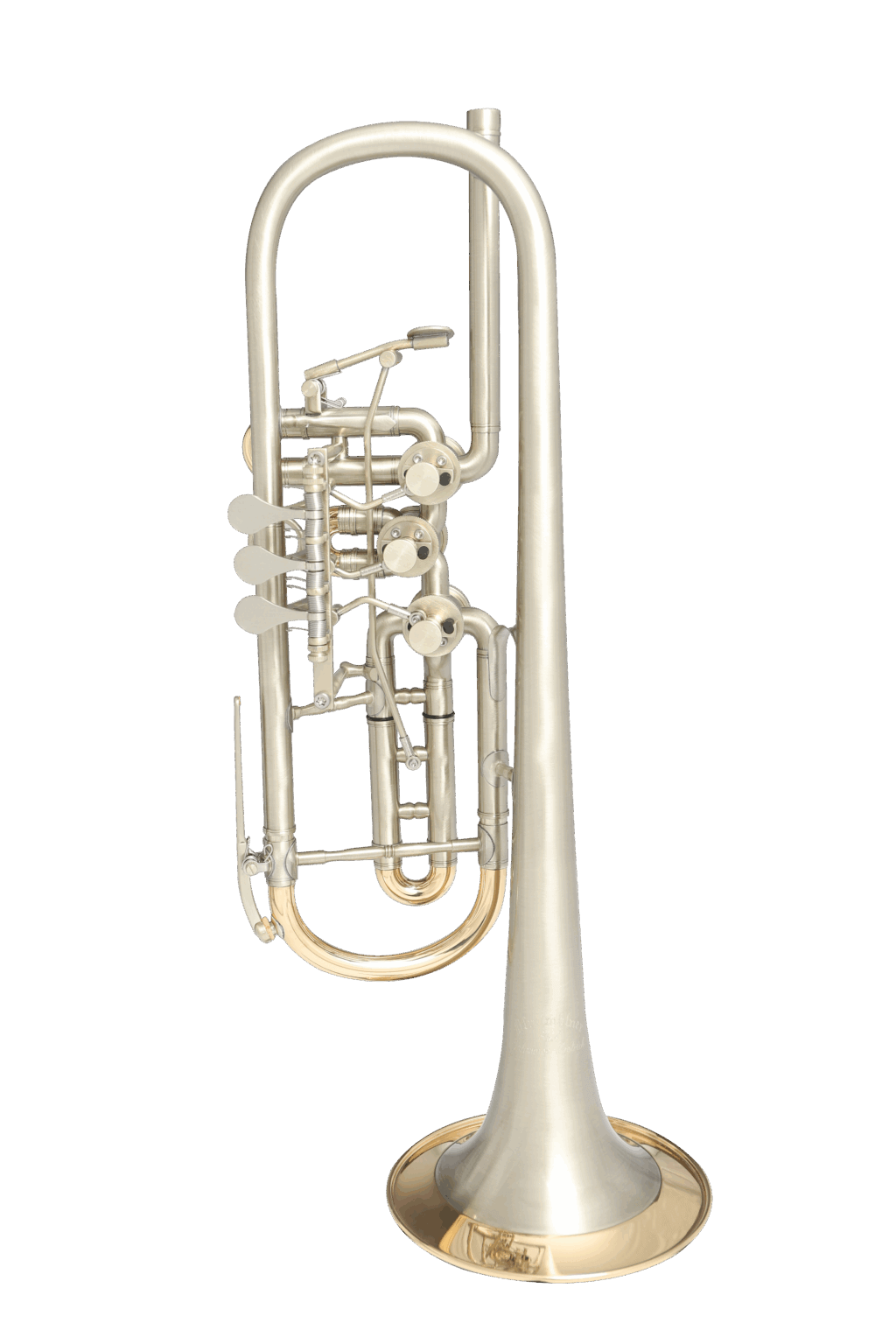 “Fusion” B-flat trumpet with a mixed finish (brushed + polished), asymmetrical design featuring titanium rotary valves and a thin-walled nickel silver bell with a wall thickness of 0.4 mm