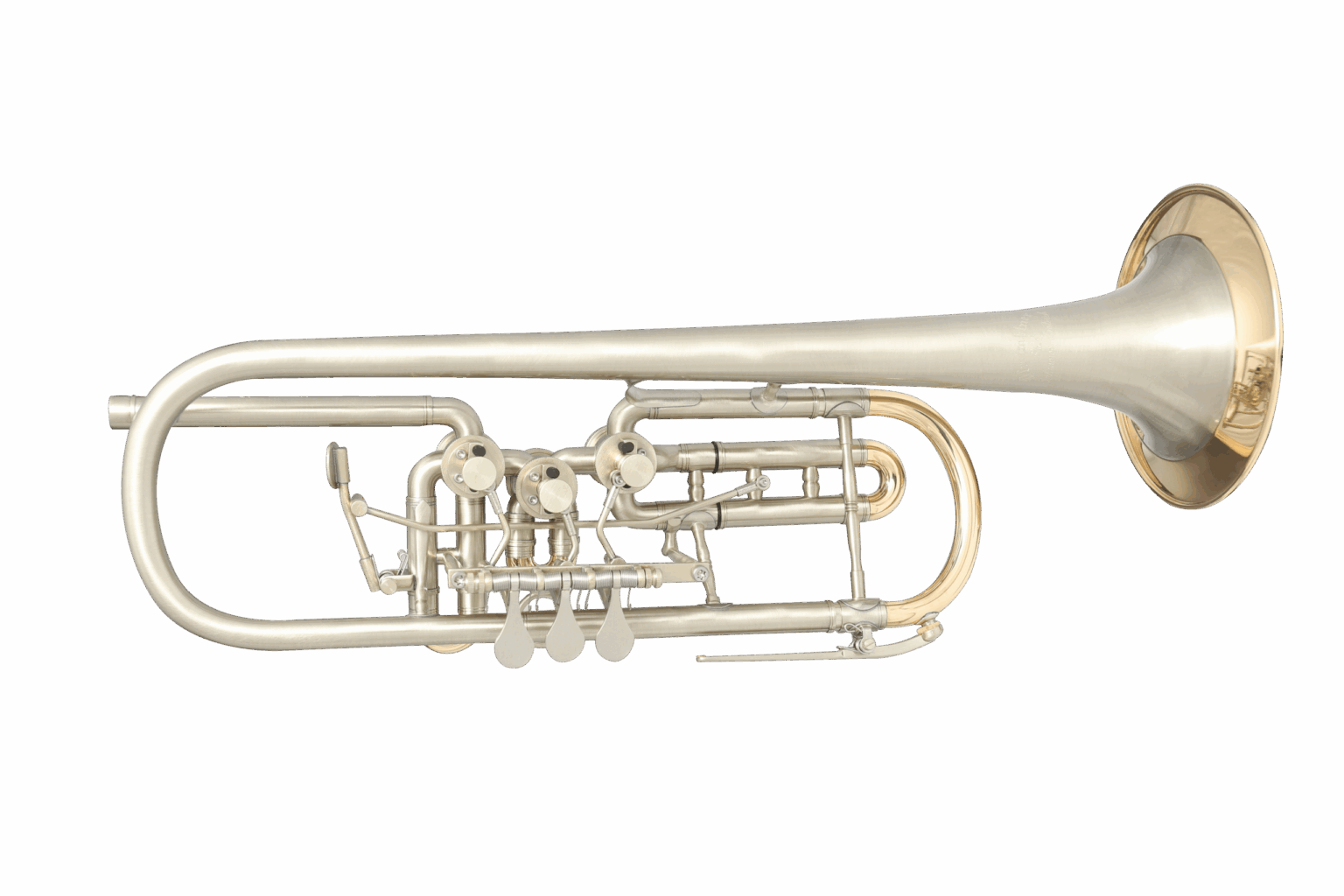 B-Trompete "Fusion" Mischoptik (gebürstet + poliert) asymmetrische Bauweise mit Titan-Drehventilen und dünnwandigem Neusilberschallstück 0,4mm Wandstärke
