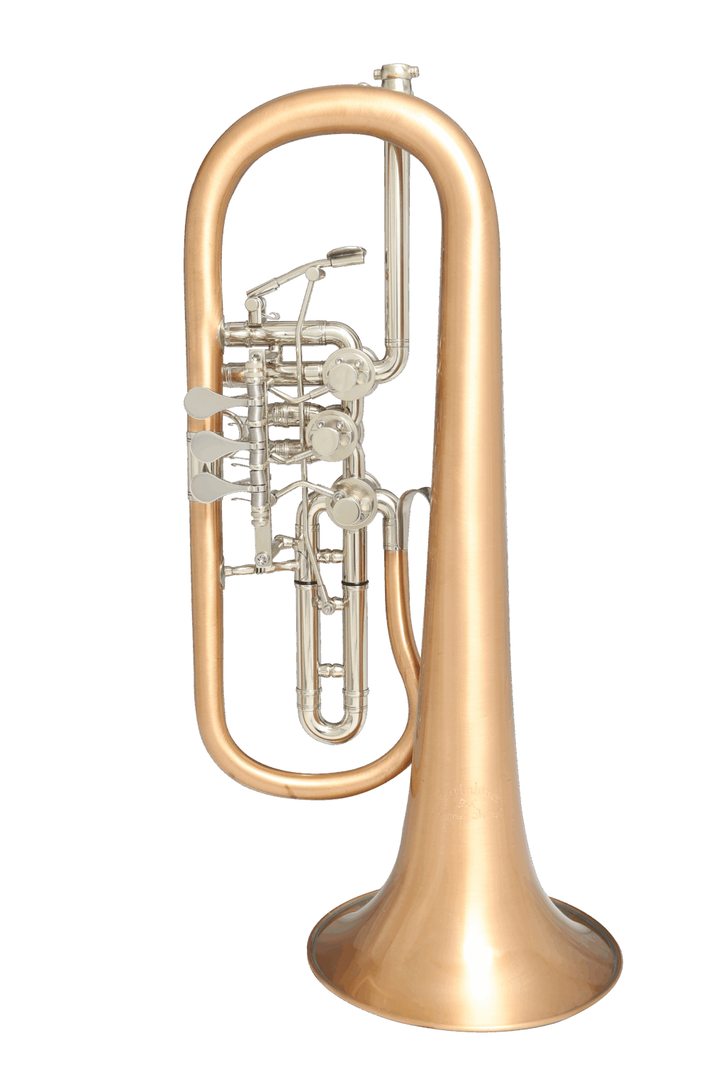 “Fusion” asymmetrical flugelhorn with a two-tone finish (brushed + polished) made of bronze with titanium valves